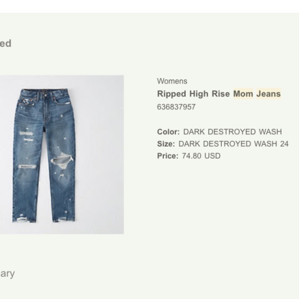 Abercrombie & Fitch High Rise Pipped Mom Jean size 24 Dark Destroyed Wash - Picture 11 of 11